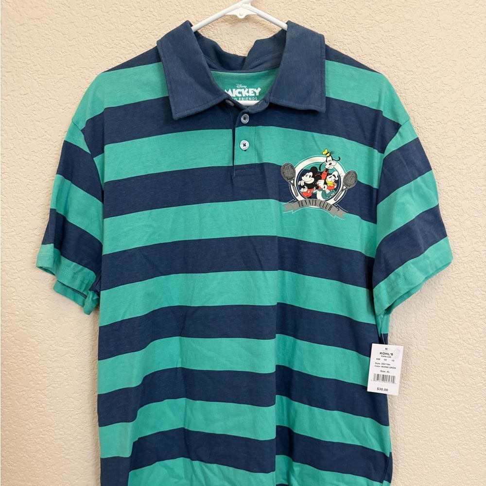 Disney Mickey Mouse Striped Polo Shirt - Blue and Green Tennis Club Men’s XL New